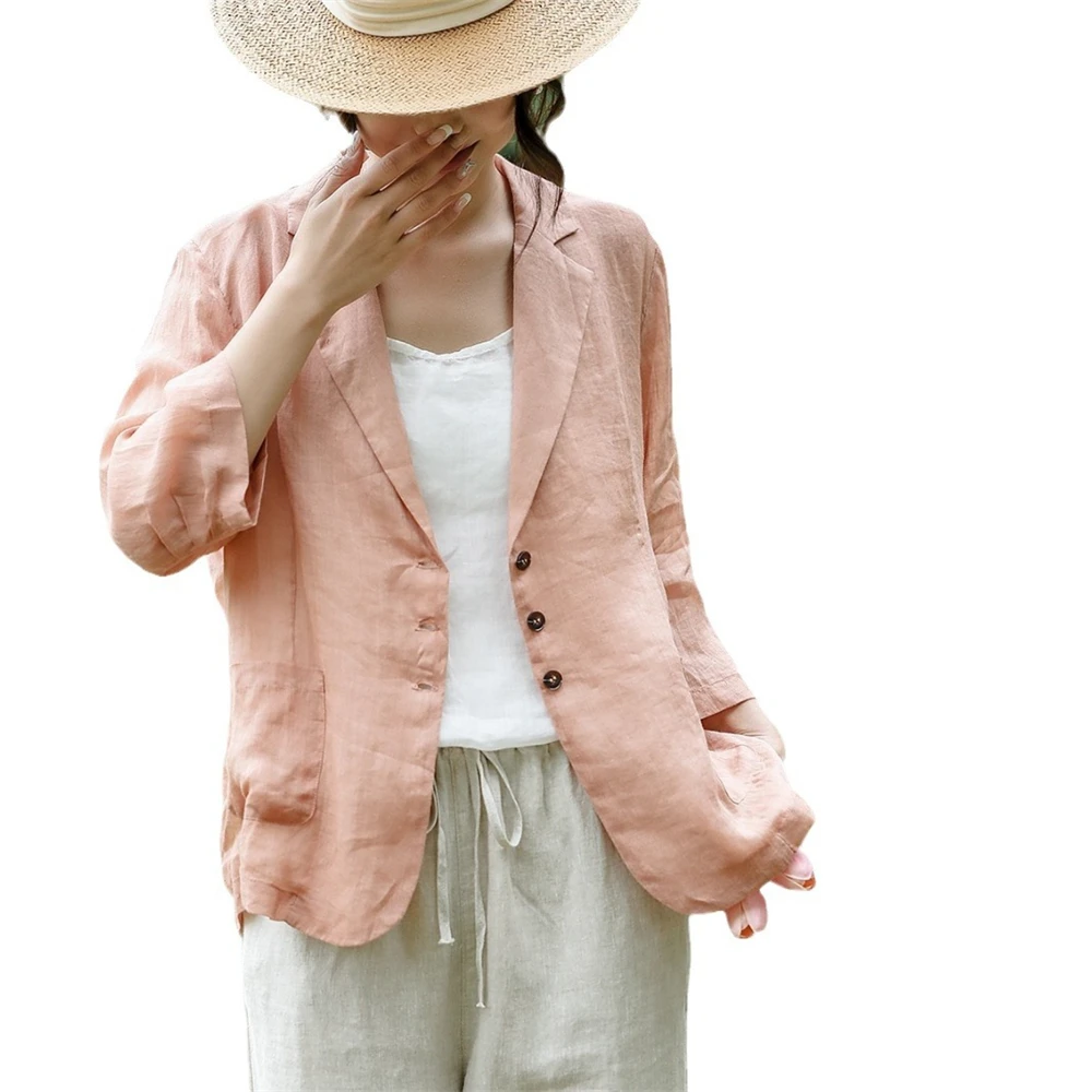 Ladies Linen Blazer Coat Summer Retro Loose Cardigan Tops Women Suit Outerwear Female Single Breasted Thin Breathable Jacket New 5