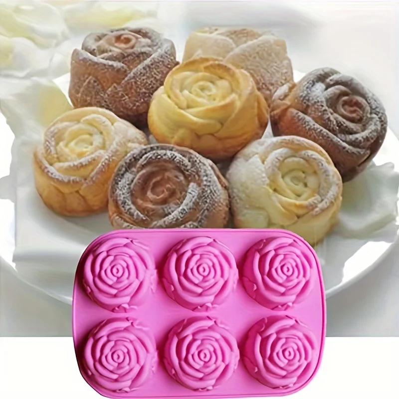 6 Holes Flower Rose Handmade Soap Candle Mold Silicone Cake Mold Bakeware Baking Dish Pan Muffin Mould Rose Ice Cube Soap mold