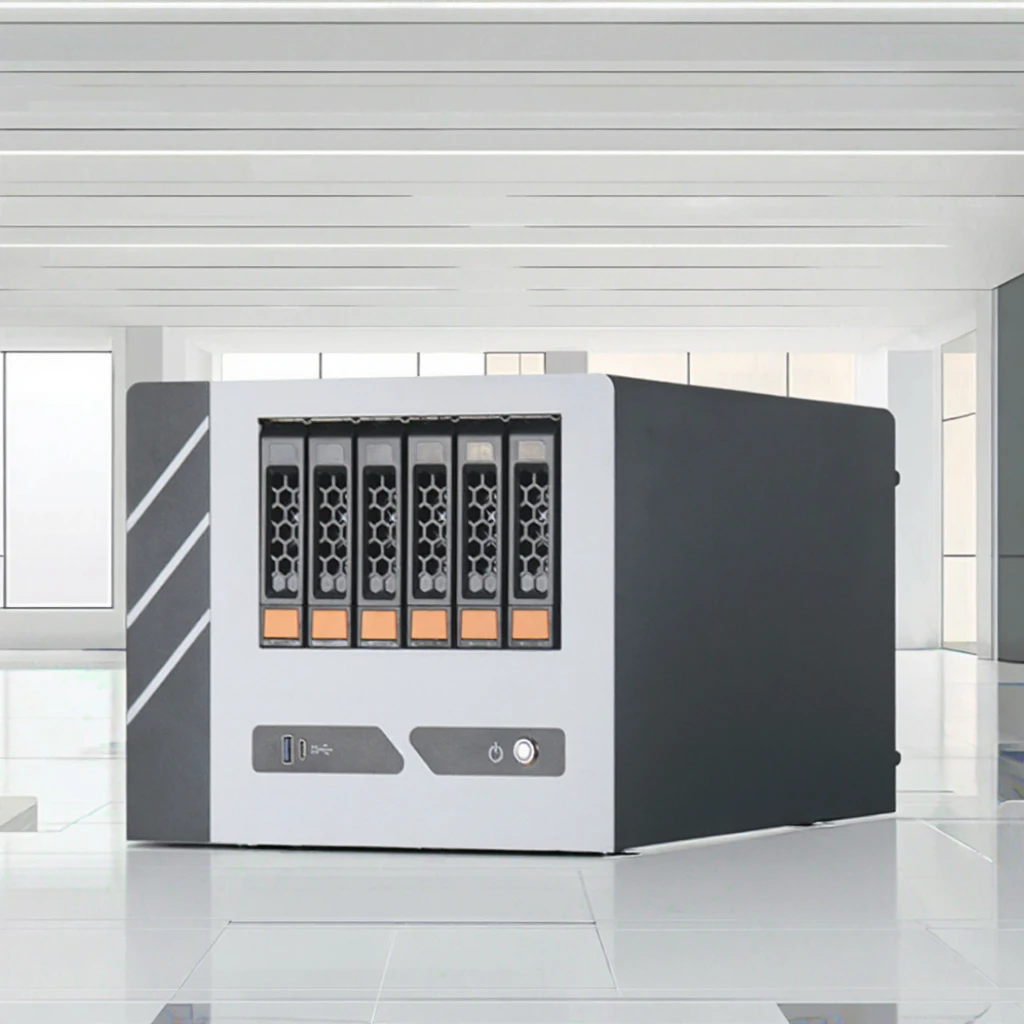 핫스왑 가능한 6드라이브 NAS PC 케이스 (미니 ITX 마더보드, 파워 서플라이 및 팬 포함) 가정용 스토리지 서버 (중고 제품)