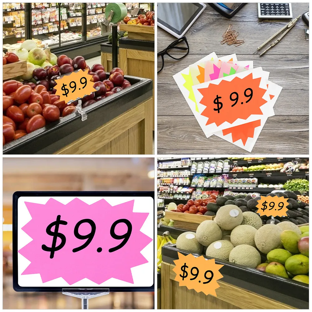 100개 형광색 빈 가격표 자체 접착식 소매 판매 스티커 스타 컷아웃 표지판 판매자용 가격표 라벨링 가격표