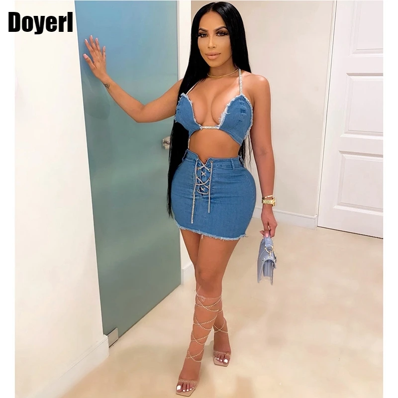 Denim Jean Sexy Skirt Two Piece Set for 