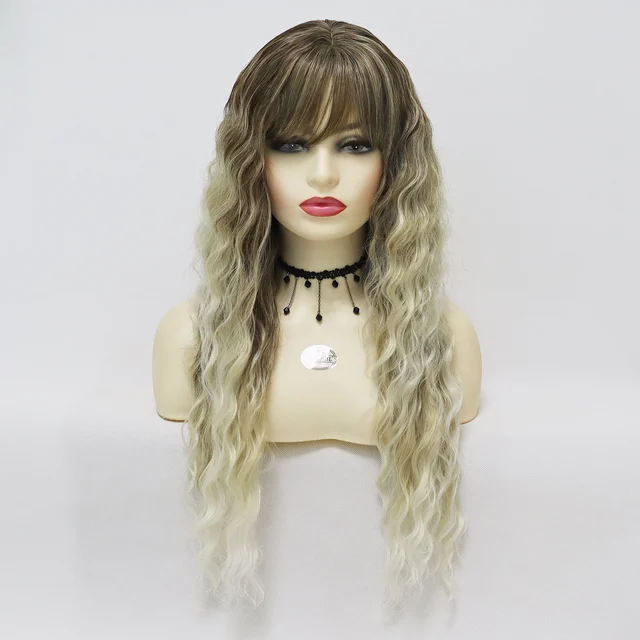 GNIMEGIL Synthetic Blonde Wigs for White Women Long Curly Wig Fluffy Body Wave Hairstyle Cosplay Wig Costume + Tattoo Sticker With Bangs