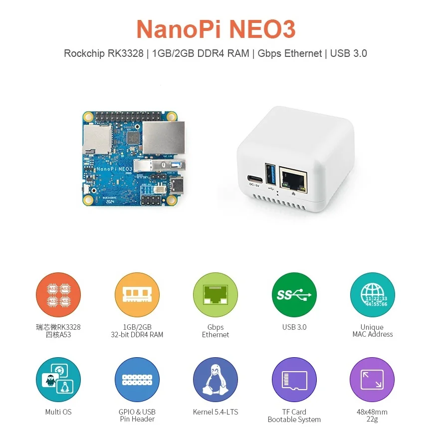 

NanoPi Neo3 Kit 1G/2G 32bit DDR4 RAM Rockchip RK3328 Quad Cortex-A53 Up to 1.3GHz,1GB Ethernet,USB3.0 OpenWRT,Ubuntu,Multi,Lunix