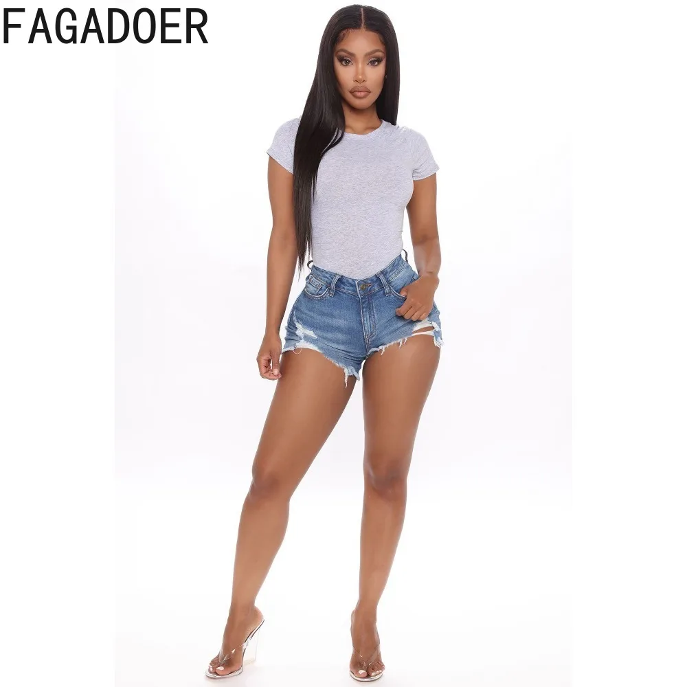 FAGADOER Blue Fashion Hole Denim Shorts Women High Waisted Button Elastic Skinny Jean Summer Female Solid Color Cowboy Bottoms