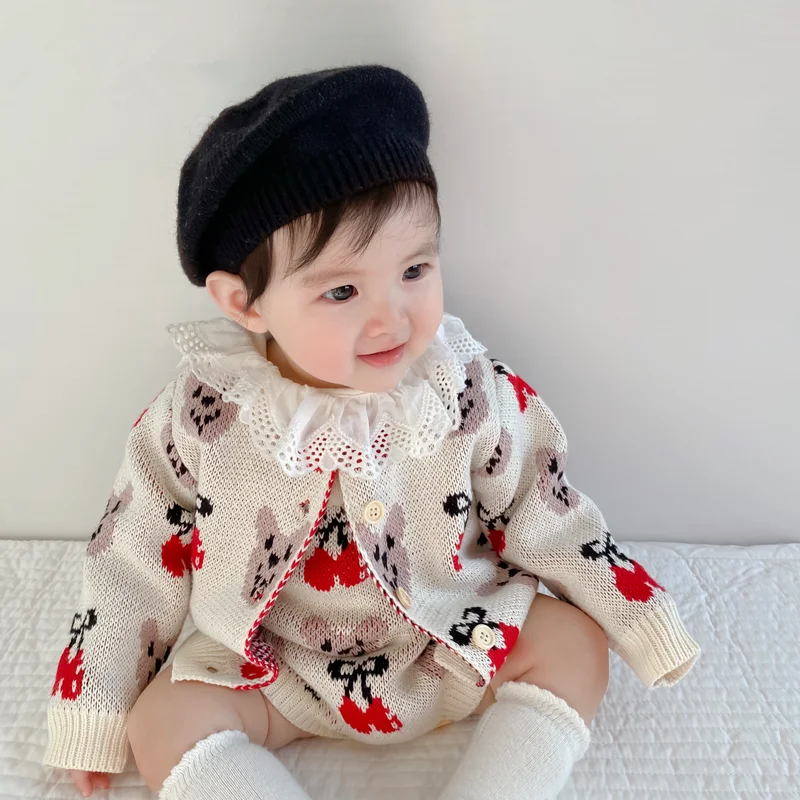 

baby suits clothes sweater bear Cherry cartoon cotton yarn knitted romper + Coat two-piece suit set winter