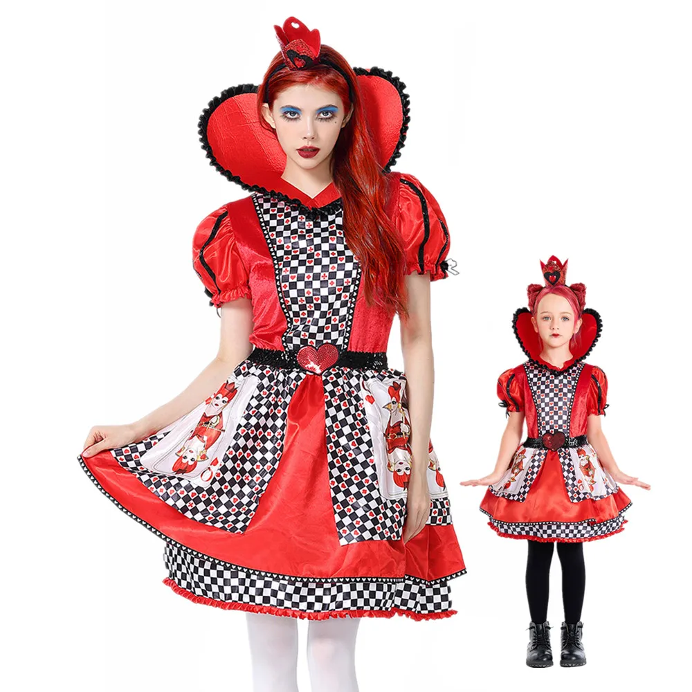 

Halloween Queen of Hearts Costume Alice in Wonderland Poker Queen Cosplay Carnival Party Fancy Dress Up for Adult Kids Children