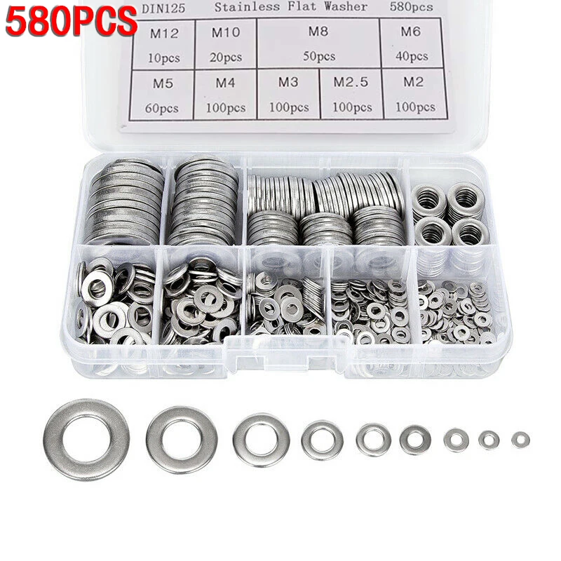 

580Pcs 304 Stainless Steel Flat Metal Washers Gasket Set Fastener M2 M2.5 M3 M4 M5 M6 M8 M10 M12 2020 New Flat Metal Washer