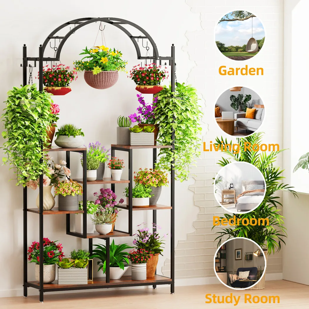 Tall Indoor Plant Stand Arched Metal Flower Rack with Hanging Hook Multi-Purpose Large Storage Shelf