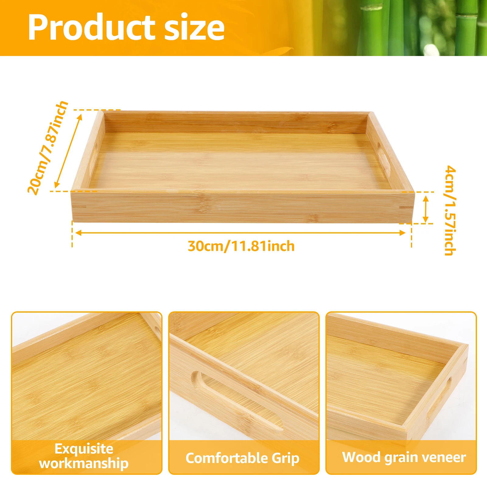 Bamboo Serving Tray with Handle Rectangle Serving Trays Platter Platter Breakfast Lunch Dinner Patio Coffee Table BBQ Party