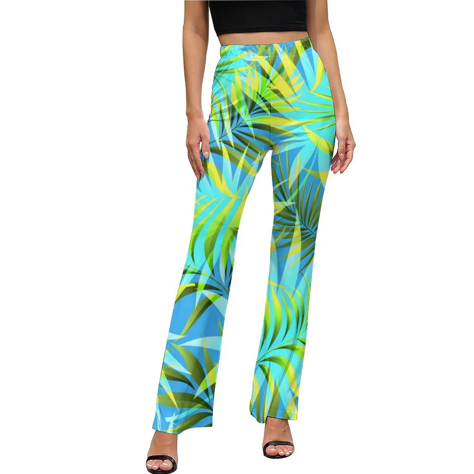 

Tropical Palm Leaf Casual Pants Summer Jungle Print Elegant Flared Trousers Elastic High Waist Slim Stretch Street Fashion Pants