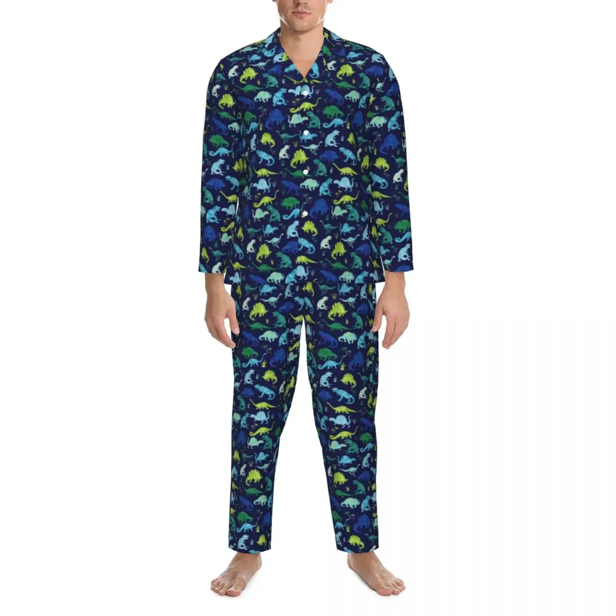 

Pajamas Male Animal Silhouette Leisure Sleepwear Dinosaur 2 Pieces Casual Loose Pajama Set Long Sleeve Oversized Home Suit