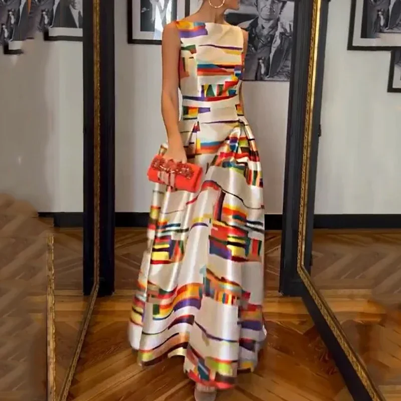 

Elegant Printed O-Neck Evening Dress Sexy Hollow Sleeveless Waist Tank Dress New Casual Pleated Office Long Dress Vestidos