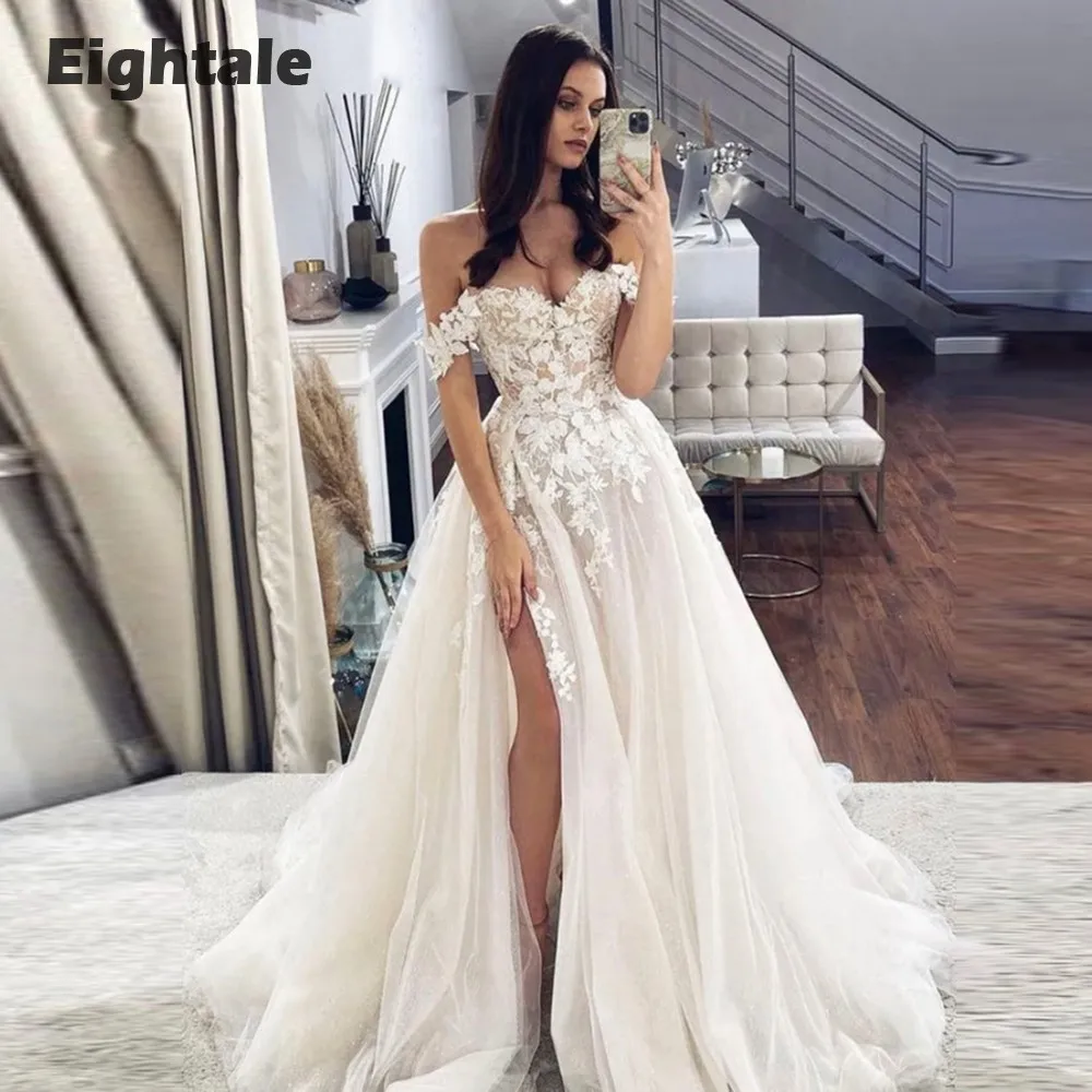 

Eightale Boho Wedding Dresses Off the Shoulder Appliques Lace Sweetheart A-Line Tulle Vintage Bridal Gowns vestido de noiva