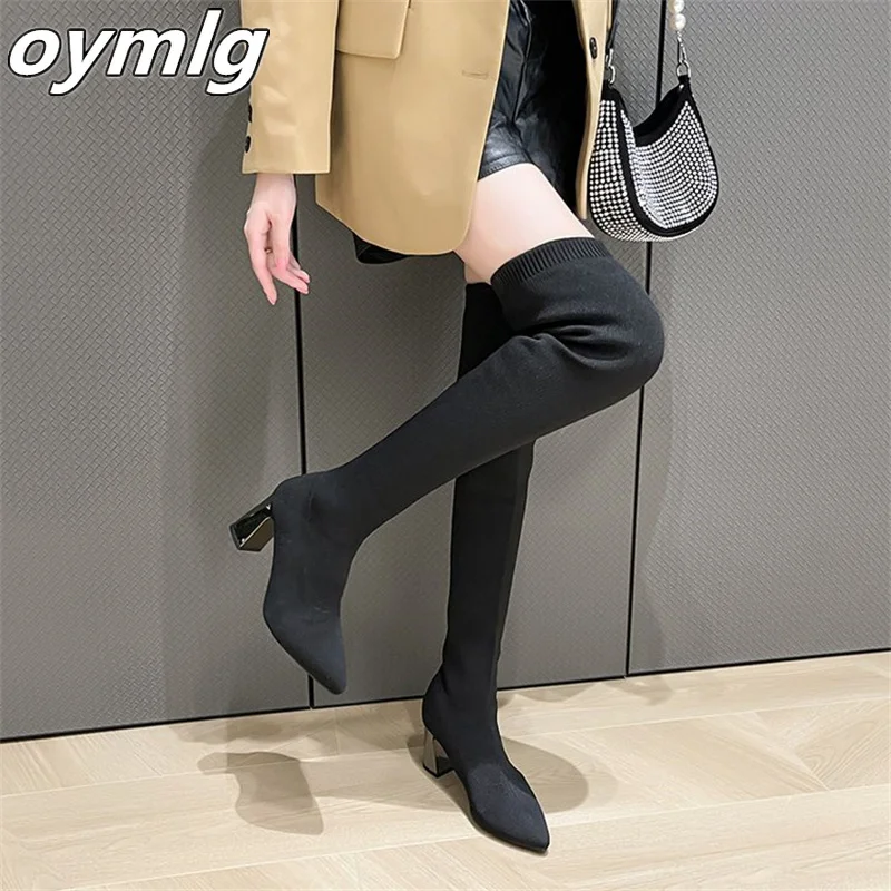 Knee Over Knitted Boots 2022 Spring and Autumn New Thick Heel High Heel Pointed Sexy Elastic Boots