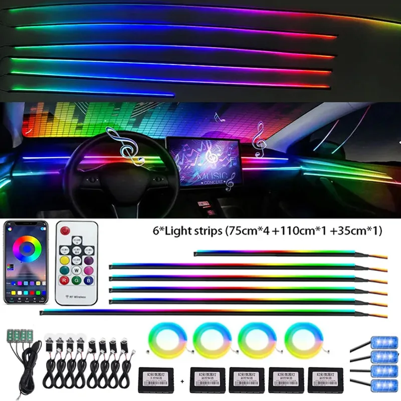 18/22 en 1 Led Car Ambient Streamer Symphony Strip Kit Rgb 213 64 Color Rainbow Interior Dashboard Acrílico Decorativo Atmósfera Luces 12V
