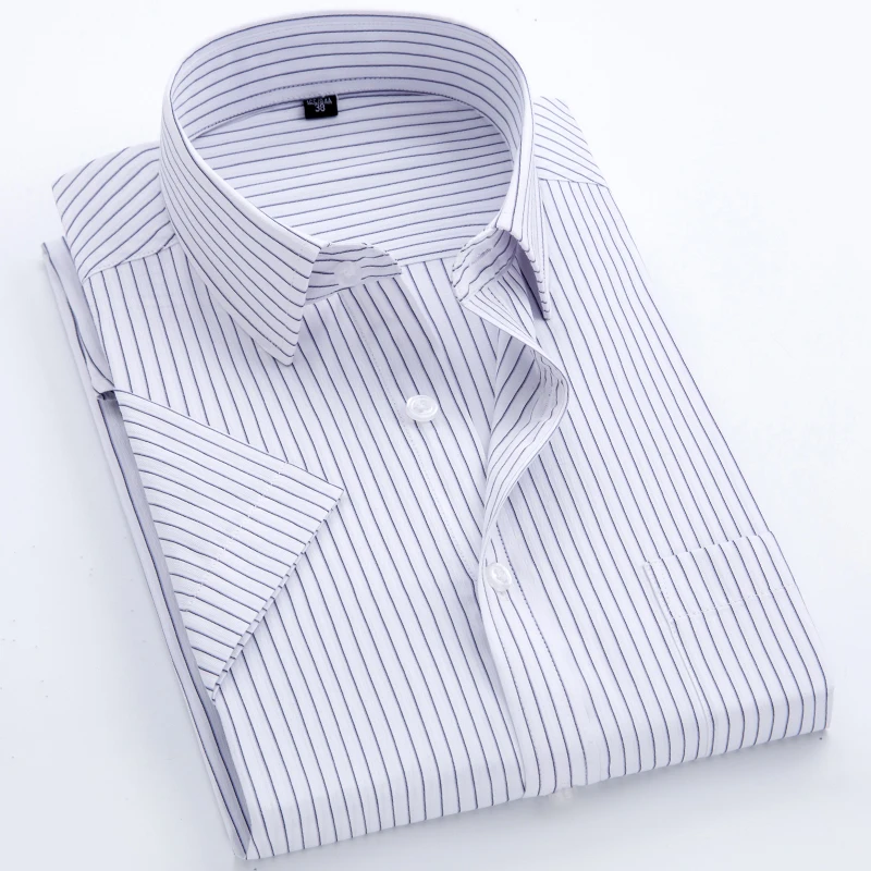 Men Summer Vertical Striped Short-sleeved Cotton Shirt Single-breasted Square Collar Shirt Left Chest Pocket