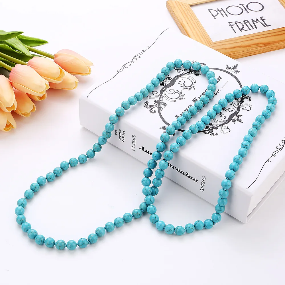 

Natural Turquoise Gemstone Long Necklace for Women Bohemian Style Beaded Necklace Fashionable Jewelry Necklace for Women