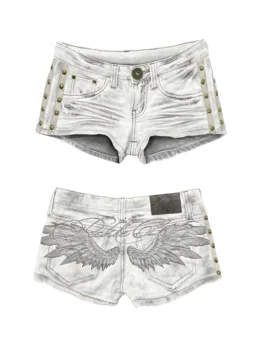 Y2K Hot Girl Angel Wings Embroidered Vest Denim Shorts Suit Retro Sexy Shorts Subculture Punk Rivet Design Low-Waisted Pants 1
