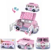 Camping Car Kids Picnic Ice Cream RV Set 1:12 Forest Animal Family Dolls Parasol Table Chair Stickers Suit Pink Children Toys 3