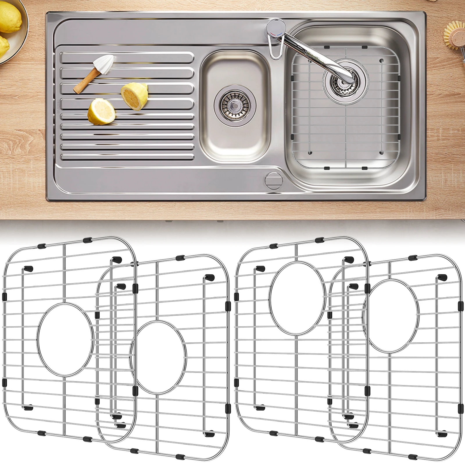 

New 2Pcs Kitchen Sink Grid 304 Stainless Steel Sink Protectors Double Bowl Sink Bottom Grid with R50 Corner Large Sink