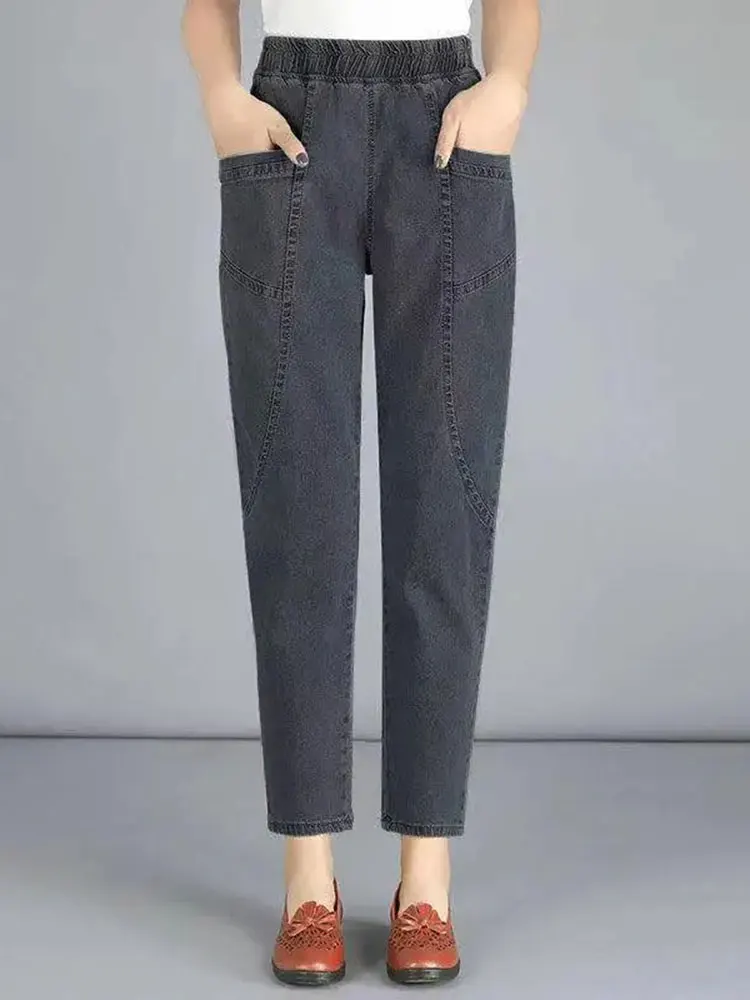 Casual Elastic High Waist Harem Jeans Women Oversize M-4XL Jogger Vaqueros Ankle-Length Denim Pants Mom Korean Baggy Pantalones