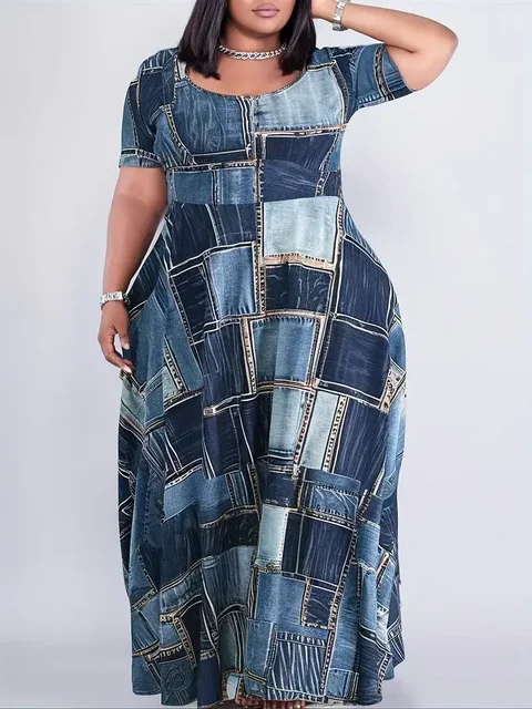 Plus Size 1XL-5XL Women  Popular Large Size Printed Dress with Belt Long Sleeve Women's Clothing Fashionable  Long Dres