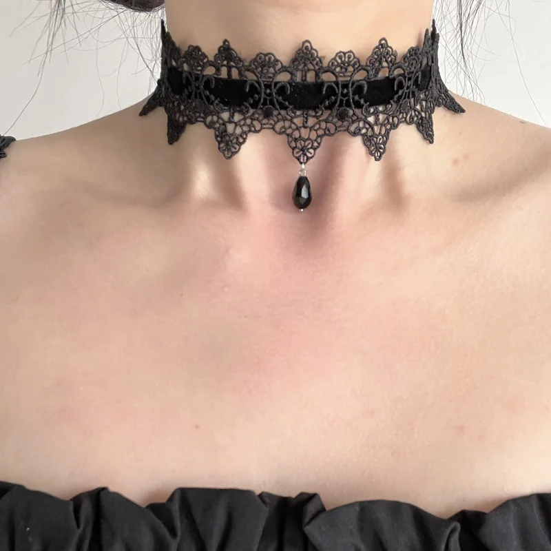 2026 New Sexy Lace Flower Necklace for Women Gothic Punk Velvet Collar Choker Black Waterdrop Pendent Necklace Strap Bow Jewelry