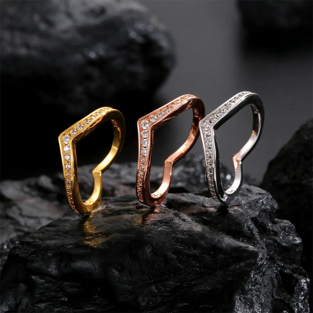 

Fashion Trendy 925 Sterling Silver V Shape Zirconia Ring Luxury Party Jewelry Gift