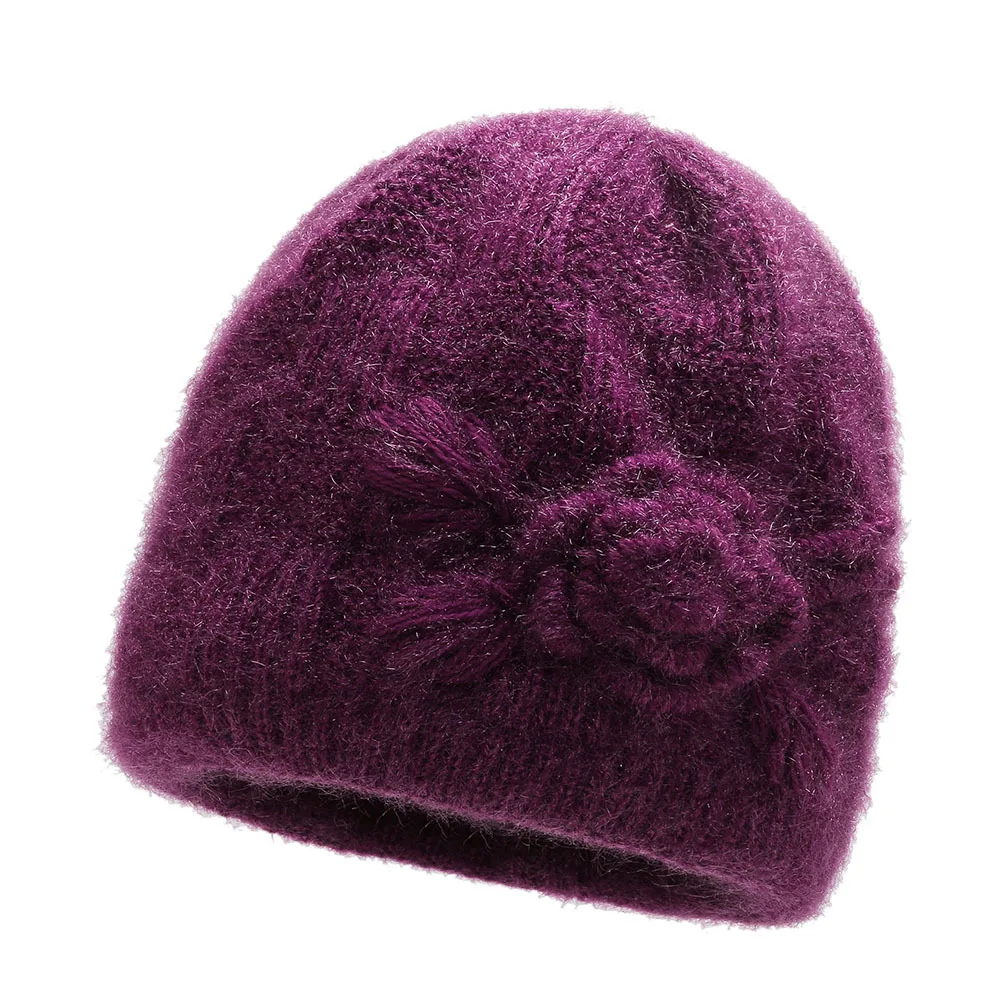 Bonnet for Women Winter Hats Fashion Floral Cross Knitted Hat Ladies Warm Velvet Winter Hat Skullies Beanies MOM Grandmother Cap 6
