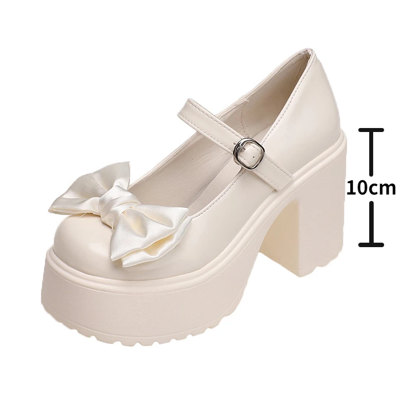 White Platform High Heels Women Mary Jane Chunky Heel Shoes Bows