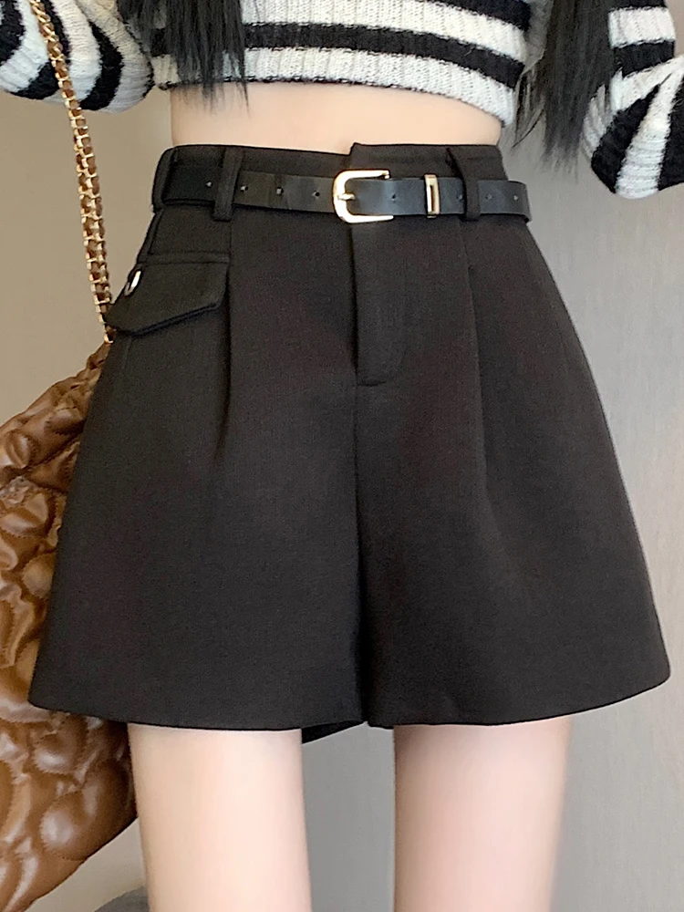 QOERLIN Elegant Women Elegant High Waist Pleated Straight Leg Shorts with Pockets Autumn Winter 2024 New Woolen Shorts with Belt