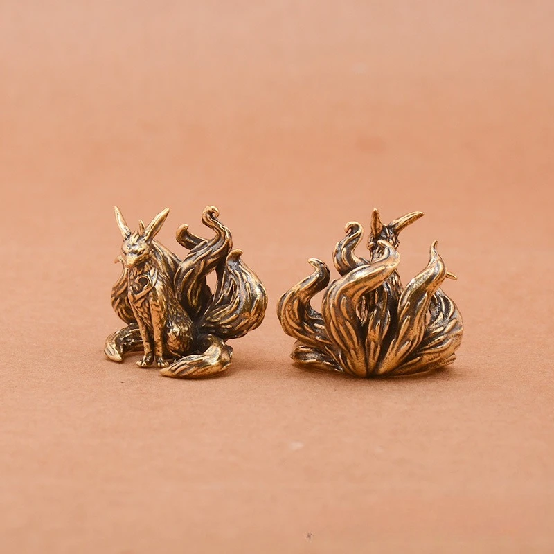 Miniature Antique Brass Lucky Nine Tailed Fox Figurines Feng Shui Ornament Copper Animal Mini Office Desktop Crafts Home Decor