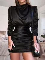 New Spring Summer Solid Color High Neck Sexy Bag Hip Fashion Wrinkle Casual Long Sleeve Short Dress For Women's Clothing