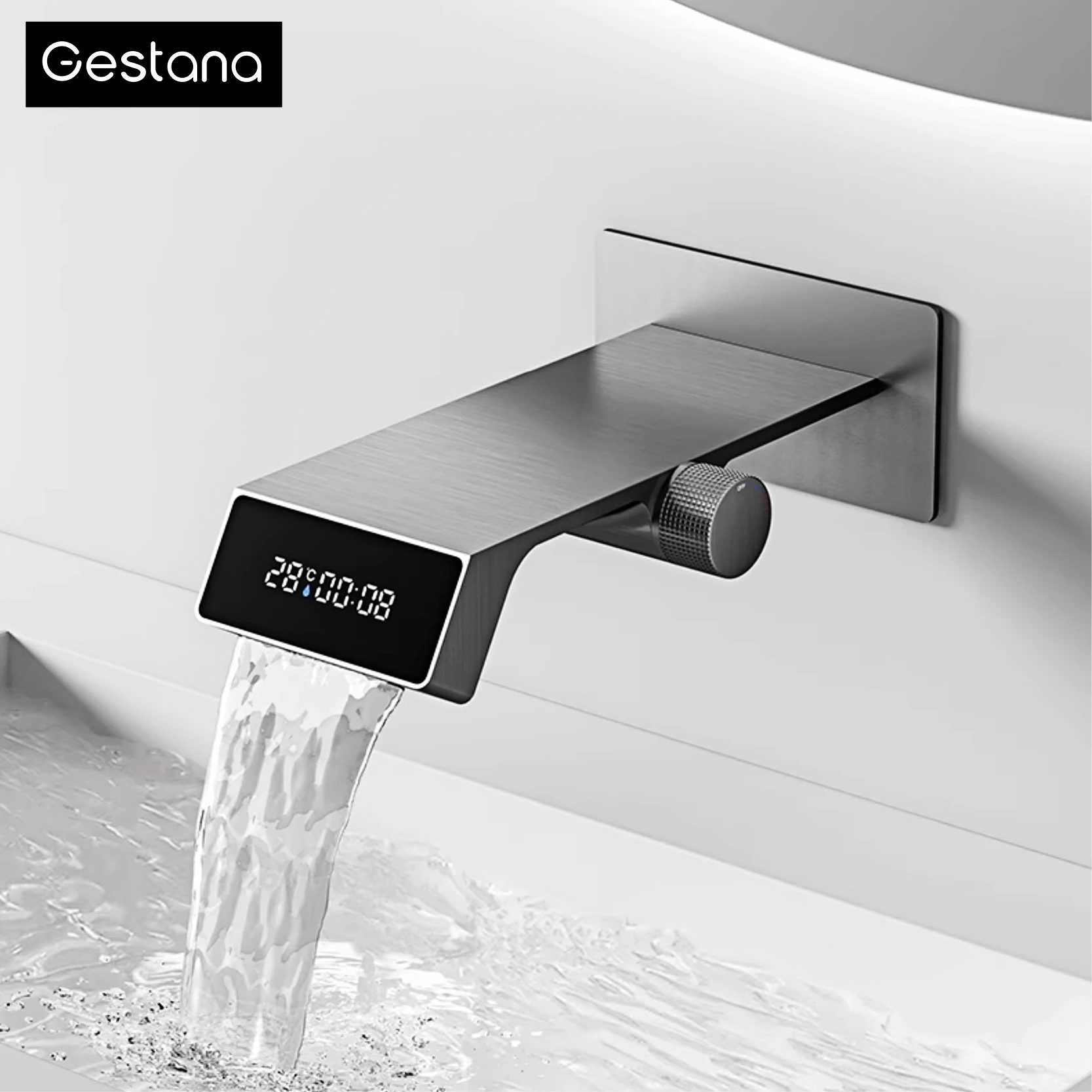 หรูหรา GunGrey ทองเหลือง LED ดิจิตอลจอแสดงผลห้องน้ําก๊อกน้ํา Minimalist ติดผนังฝังอ่างล้างหน้าน้ําตก Outlet Mixer TAP 1