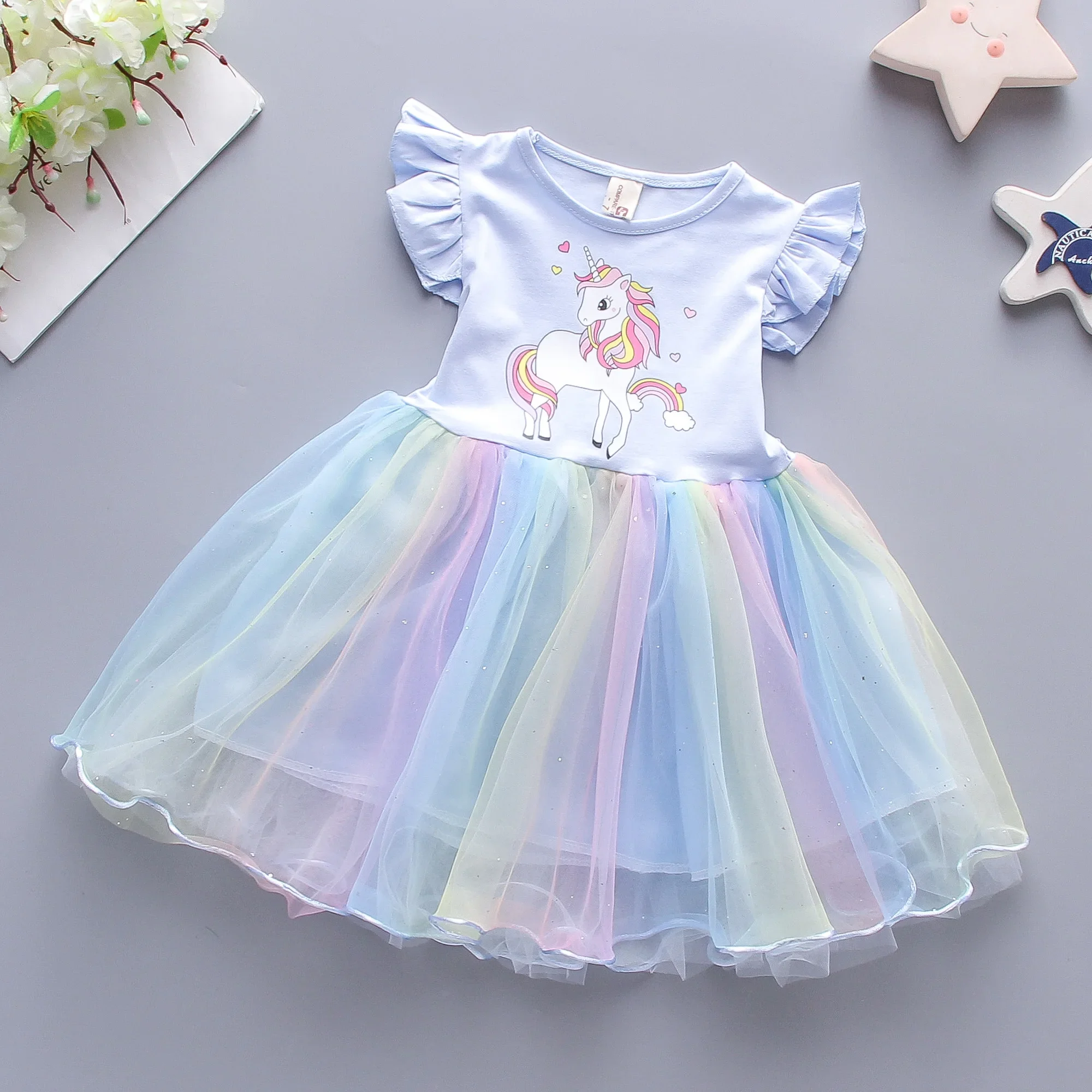 Girls Dress Summer Children Cartoon Cloud Little Horse Rainbow Gradient Mesh Sleeveless