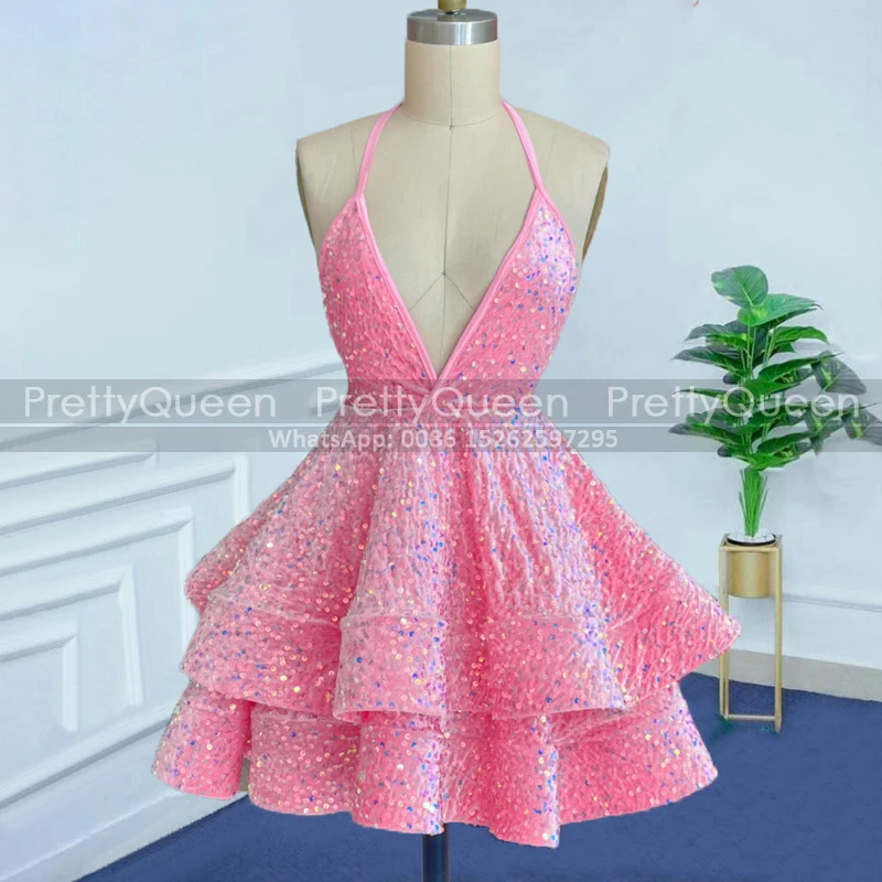 

Pink Sequins Tiered A Line Short Prom Dresses Spaghetti Straps Plunging Neck Sleeveless Mini Formal Party Dress For Women