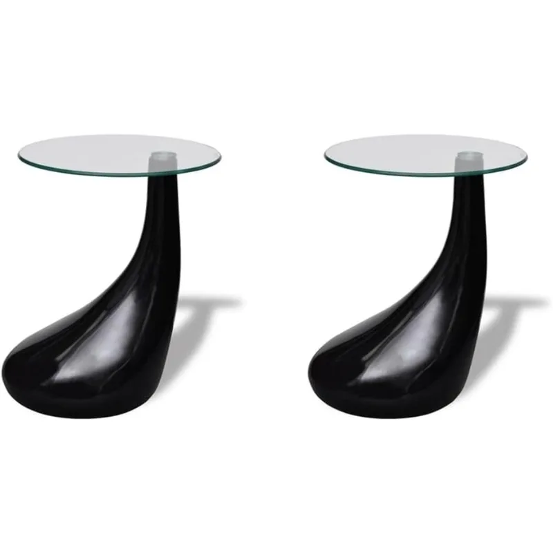 2 piece set Round Coffee table with glass top - Modern and small, black coffee table (diameter 16.5 inches) 2