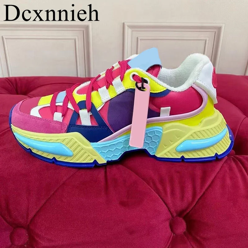 

2024 Four Season Flat Thick Bottom Lace Up Casual Shoes Unisex Breathable Mixed Color Patchwork Sneakers Outdoor Walking Shoes