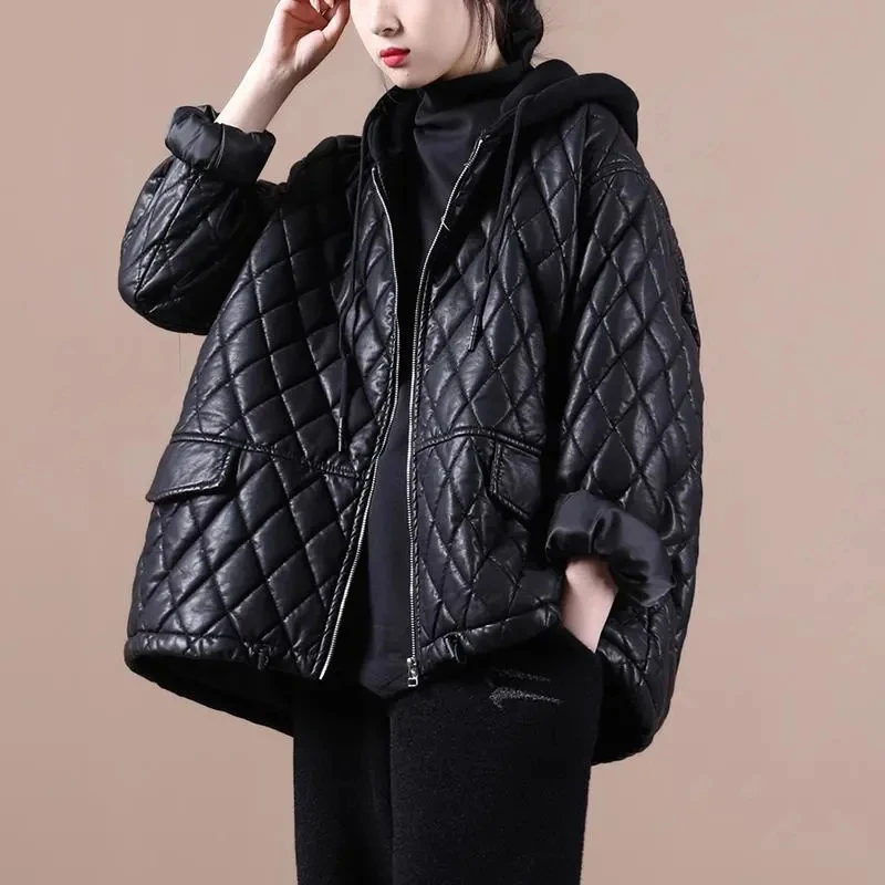 

Fashion Black Cotton Women Parkas Winter Hooded Thicken Long-Sleeved Pocket Female Outwear Coats Tops