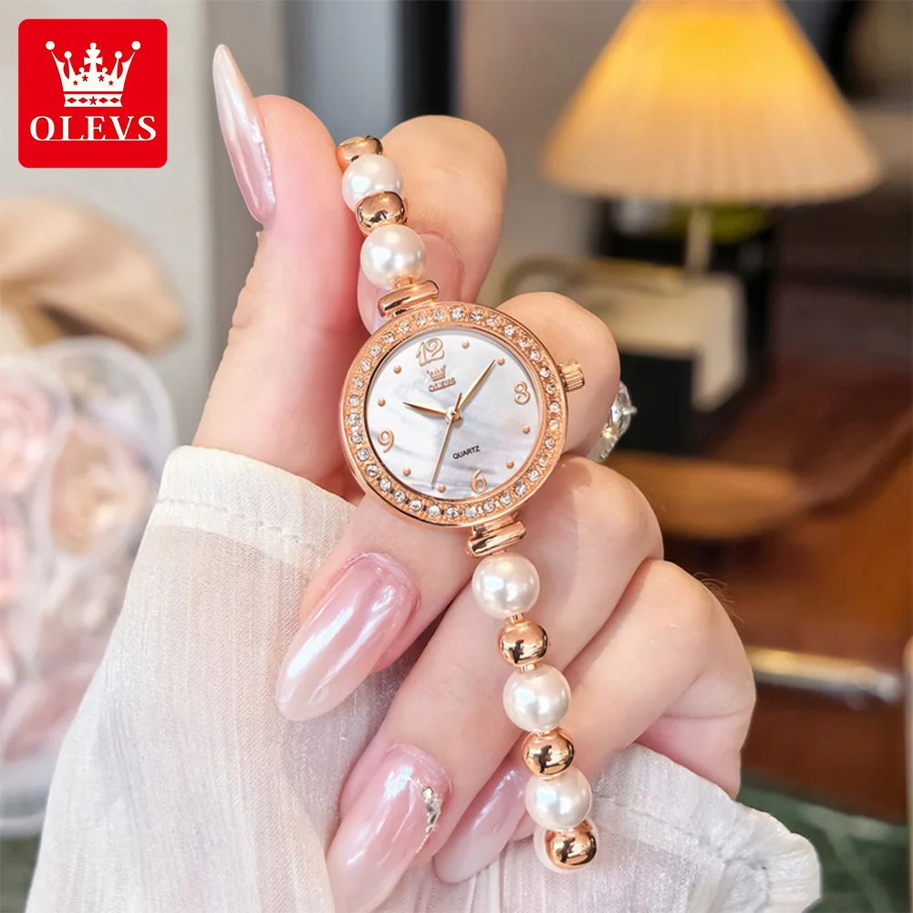 OLEVS 5640 Top Woman Watch Elegant Luxury Pearl Bracelet Quartz Wristwatches Diamond Bezel Waterproof Ladies Dress Watches Gifts