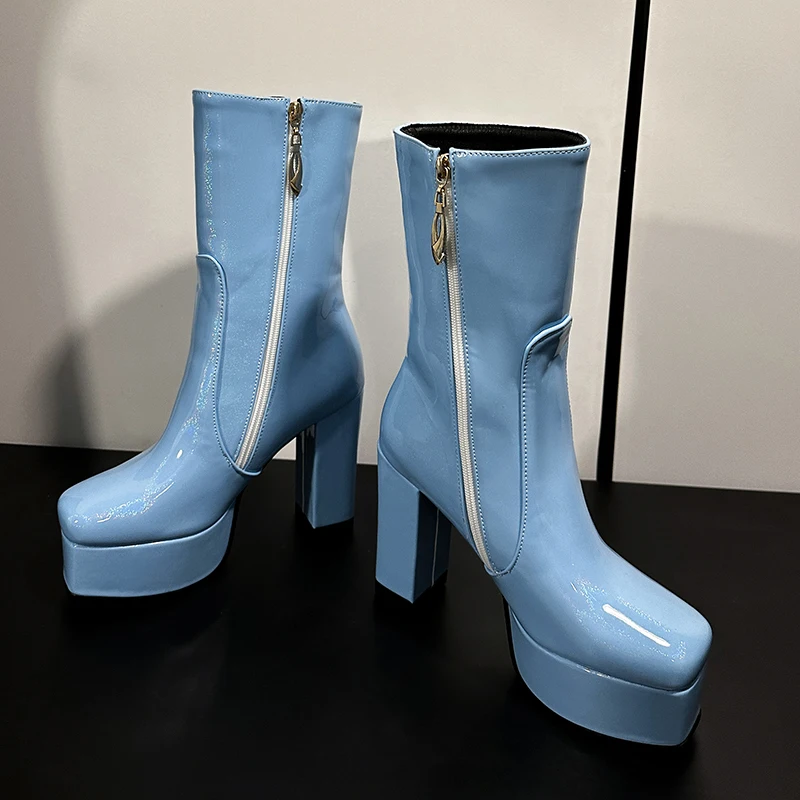 

Shiny Patent Leather Material Square Toe Highthick Heel Plush Inner Lining Short Boots Platform Sewing Women Ankle Boot