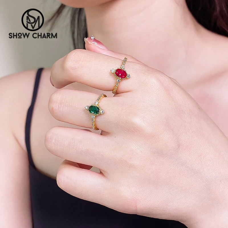 

S925 Sterling Silver with 18k Gold Plated Ring 5A Zircon Oval Emerald Ruby Ring Colored Stone Luxury Jewelry for Women Party