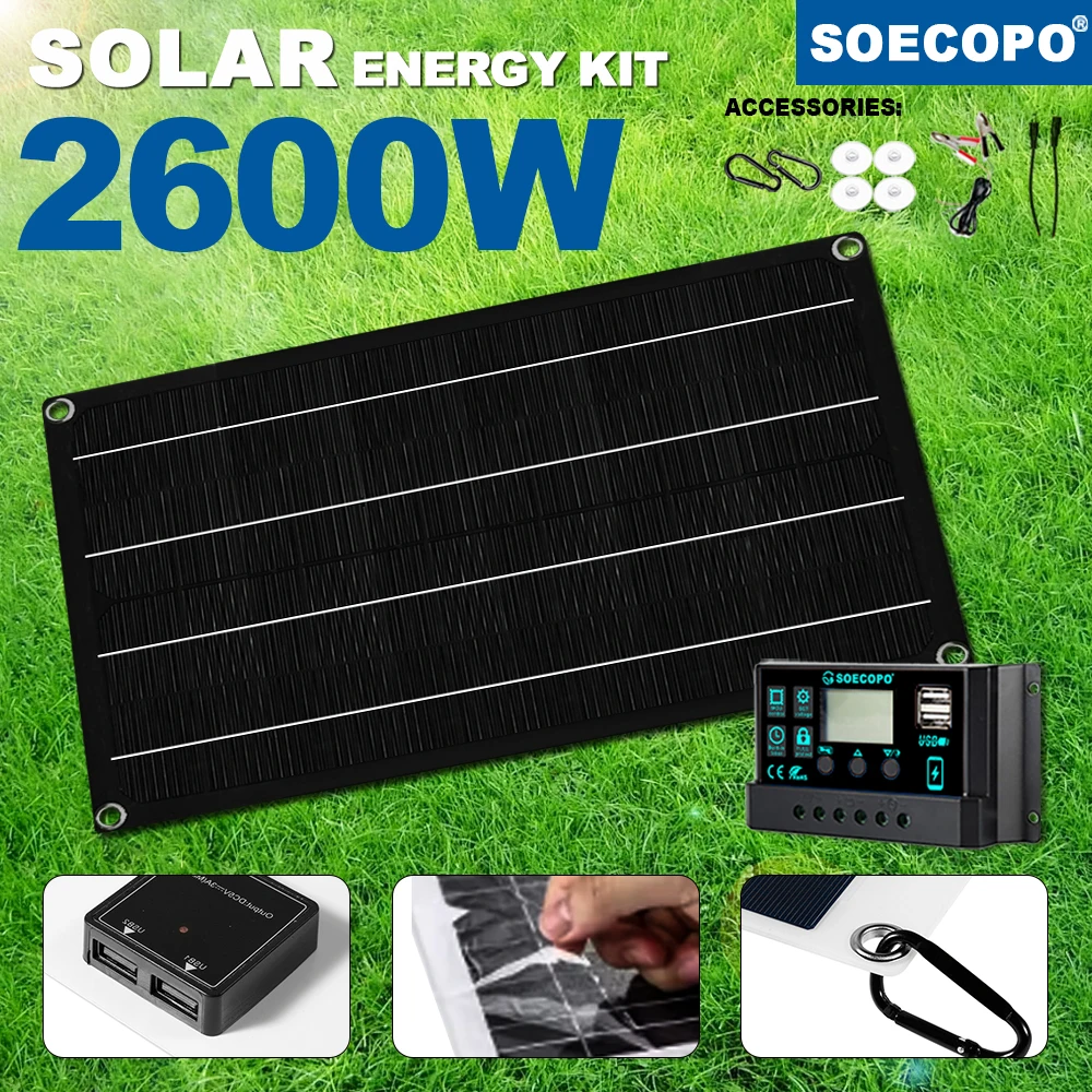 2600W ชุดแผงพลังงานแสงอาทิตย์ Controller Camper อุปกรณ์เสริมสําหรับ Camping 5V1.5A USB ชุดพลังงานแสงอาทิตย์ชาร์จโทรศัพท์แบบพกพากลางแจ้ง 1