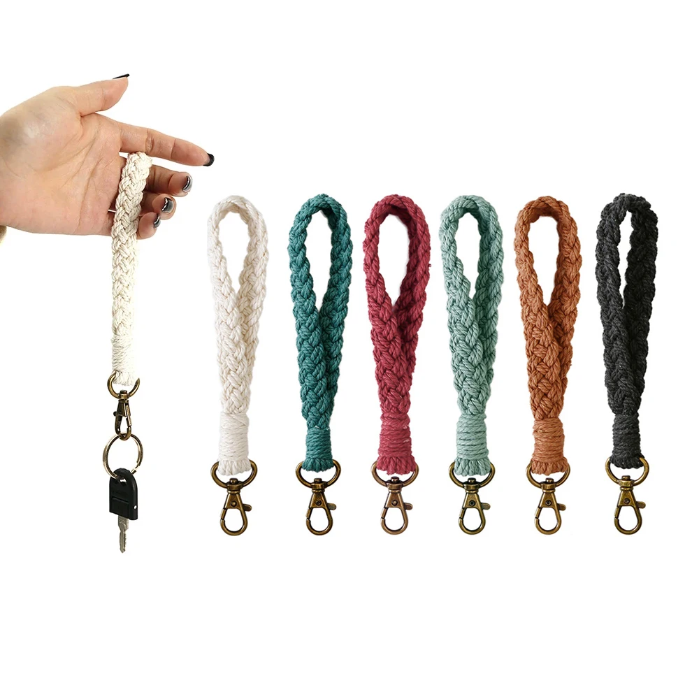 Boho Style Macrame Braided Keychain with Lobster Claw Cord Wristlet Bracelet Keyrings Lanyard Key Fob Strap Women Accessories