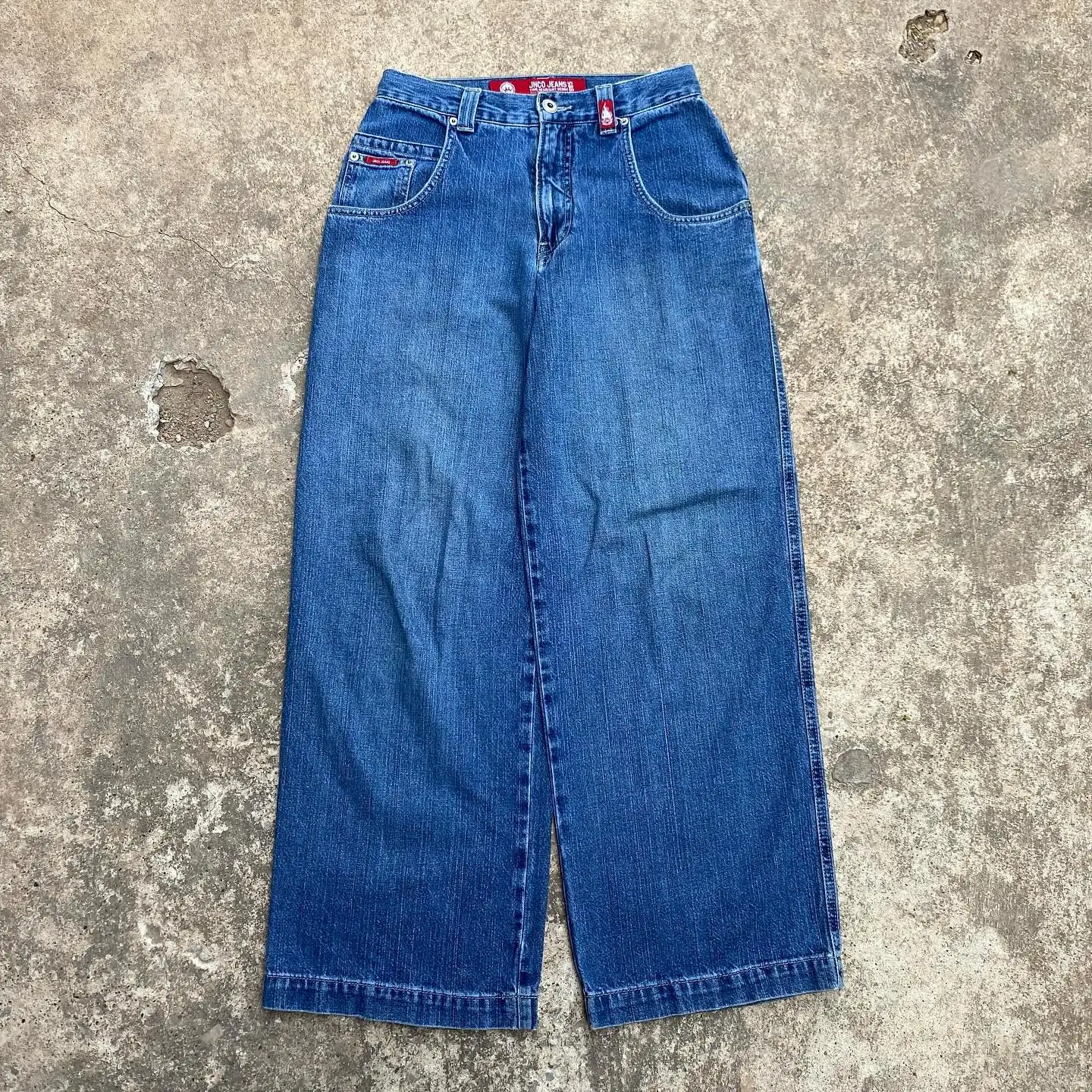 JNCO Y2K 청바지, 힙합 레트로 해골 그래픽, 레트로 블루, 헐렁한 청바지, 하이웨이스트 와이드 레그 바지, 스트리트웨어, 남녀공용, 신제품
