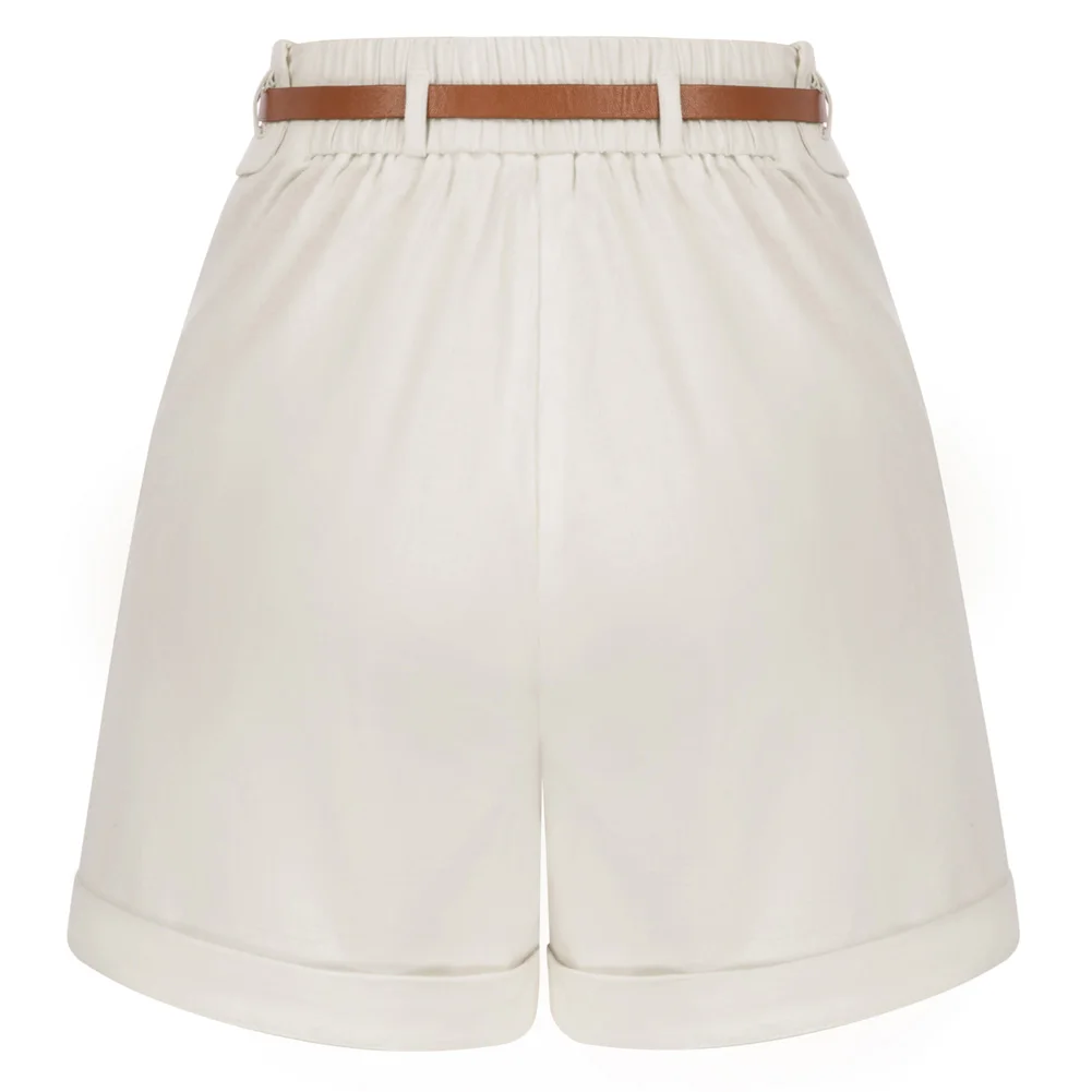 Belle Poque Women Bermuda Shorts With Belt Elastic Elegant High Waist Wide Leg Shorts With Pockets Vintage Summer Short Pants A3