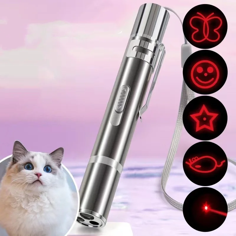 4mW Red Laser Pointer USB Rechargeable Pen 3 In 1 Red Laser Pointer w/ 4 Pattern + White Flash Light LED Torch UV Light Cat Toys
