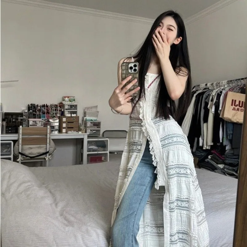 

Sexy Women White Spaghetti Strap Dress Lace Fashion Sexy White Single Breasted Dress Summer Beach Holiday Maxi Dresses for Women