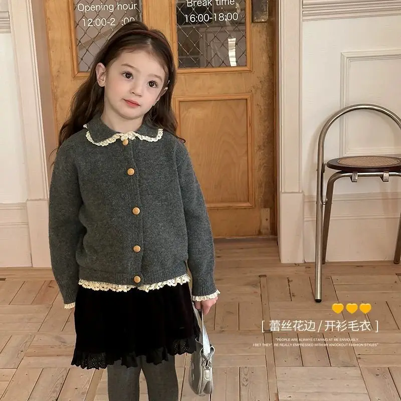 2025 여아용 스윗하고 인기있는 레이스 한국 버전  신상 스타일리시하고 다재다능한 레이스 니트 스웨터 가디건 자켓