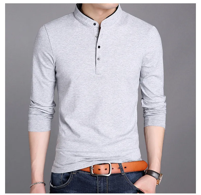 

Spring Men Long Sleeve T Shirts Half Buttons Stand Collar Cotton Pullovers Solid Casual Tops Comfy Korea Tide Slim Thin Tees